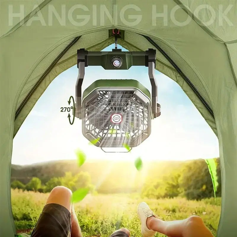 Rechargeable Camping Fan with LED Lantern, 270° Adjustable Portable Tent Fan with Hanging Hook, 3-in-1 Cooling & Light for Travel Fishing Picnic