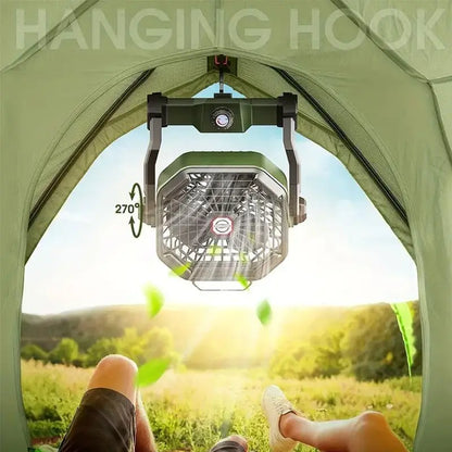 Rechargeable Camping Fan with LED Lantern, 270° Adjustable Portable Tent Fan with Hanging Hook, 3-in-1 Cooling & Light for Travel Fishing Picnic