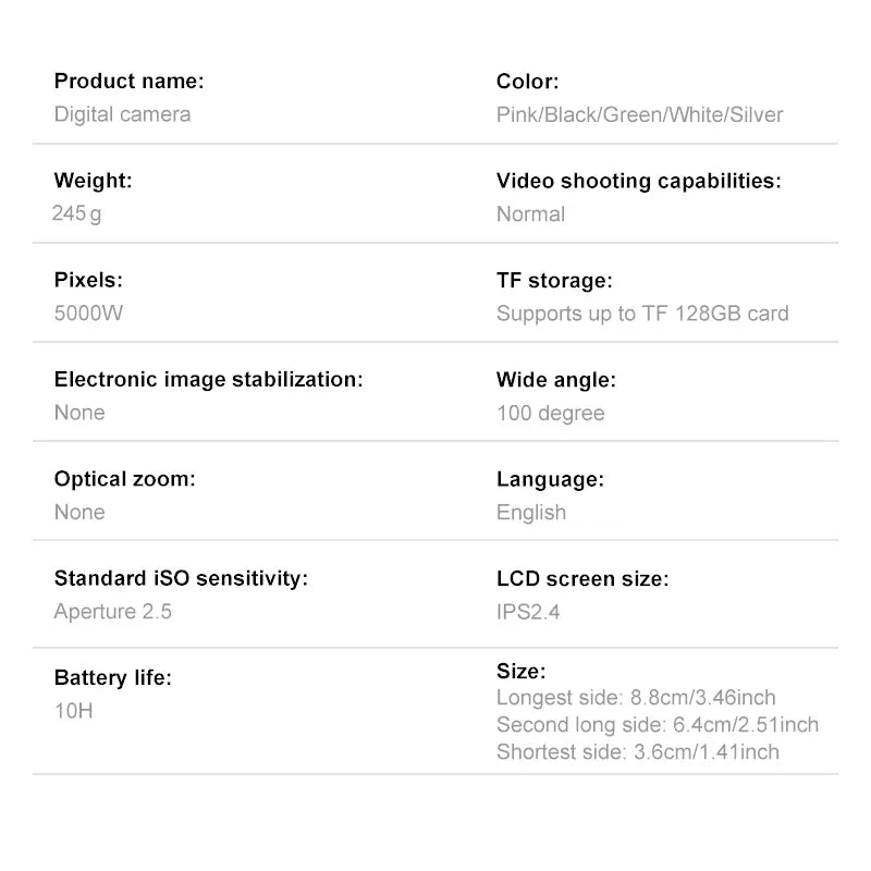 Digital Camera, Portable Travel Camera, Auto Focus 5mp Fhd 1080P, 16x Digital Zoom, Hybrid Image Stabilization, Compact Design, Includes SD Card