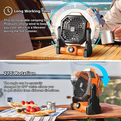 Rechargeable Camping Fan with LED Lantern, 270° Adjustable Portable Tent Fan with Hanging Hook, 3-in-1 Cooling & Light for Travel Fishing Picnic