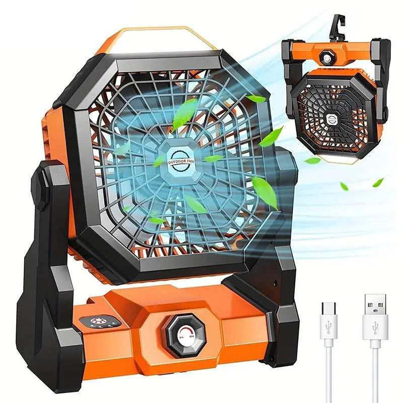 Rechargeable Camping Fan with LED Lantern, 270° Adjustable Portable Tent Fan with Hanging Hook, 3-in-1 Cooling & Light for Travel Fishing Picnic