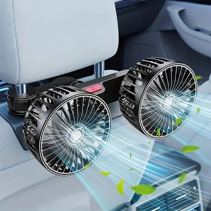 Adjustable Dual-Head Car Backseat Fan, 360° Rotation Rear Seat Cooling Fan with Strong Airflow, USB-Powered 2-Speed Electric Vehicle Fan