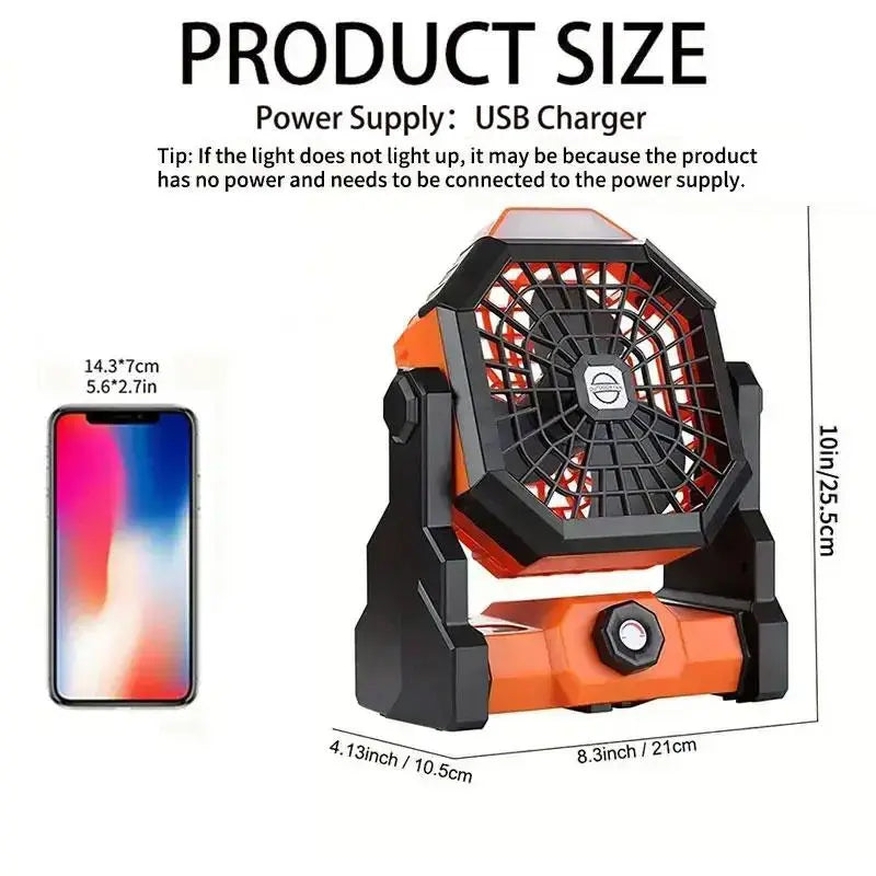 Rechargeable Camping Fan with LED Lantern, 270° Adjustable Portable Tent Fan with Hanging Hook, 3-in-1 Cooling & Light for Travel Fishing Picnic